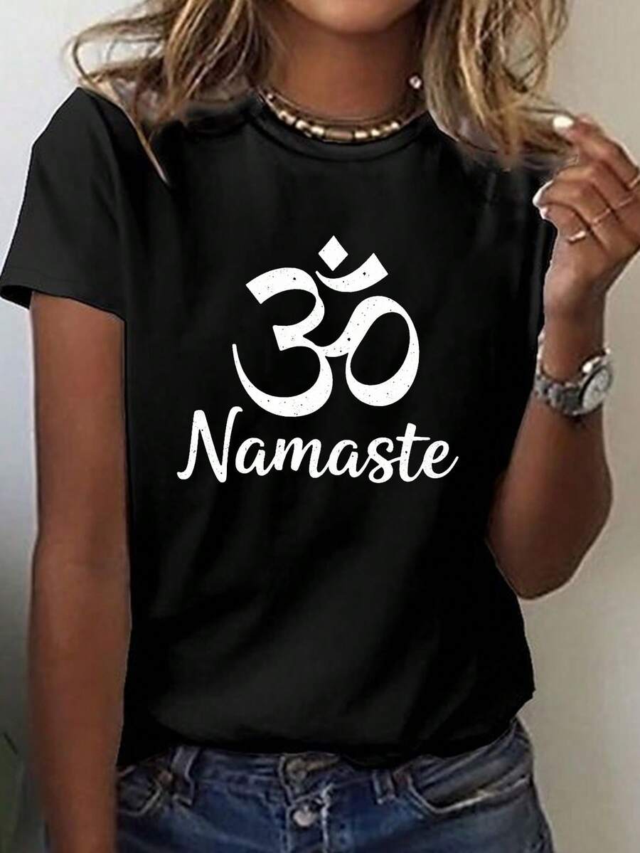 Om símbolo y Namaste Vintage Look Imprimir camiseta, manga corta cuello de tripulación Top casual para verano y primavera, ropa de mujer