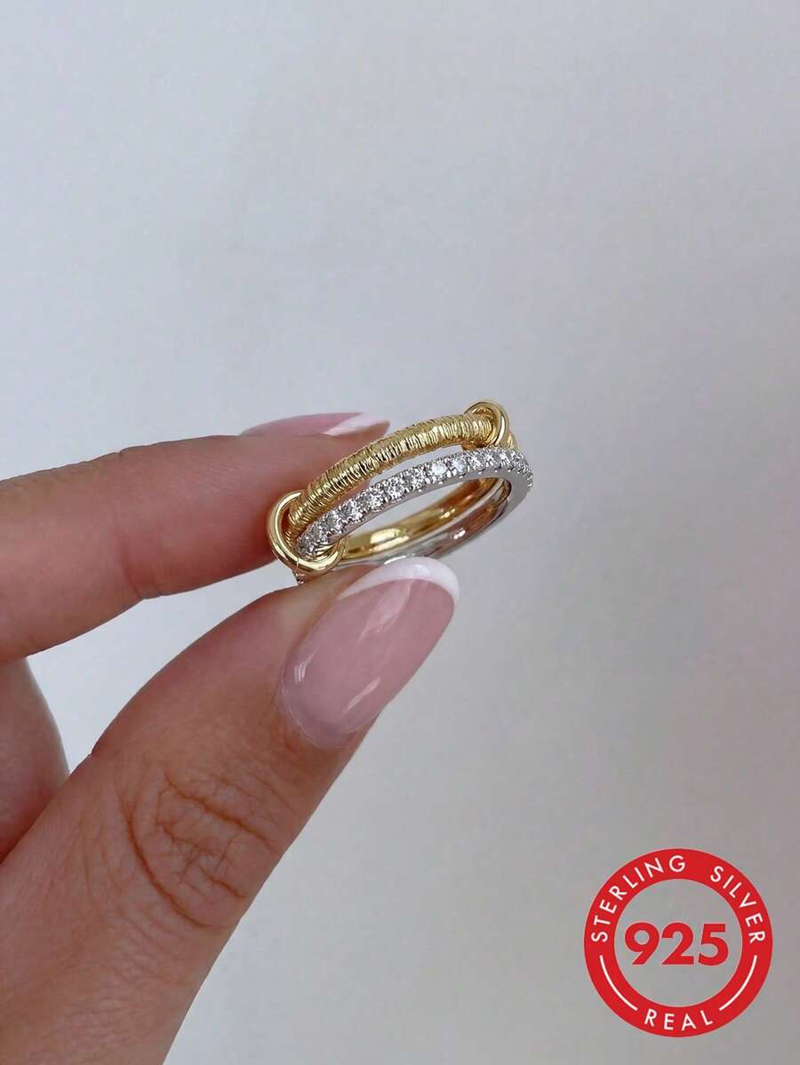 1 chiếc nhẫn bạc 925 cổ điển đính đá Cubic Zirconia hình tròn đôi, trang sức nữ, quà tặng dự tiệc, quà sinh nhật, hoặc đeo hàng ngày. - Vàng - Xem 1