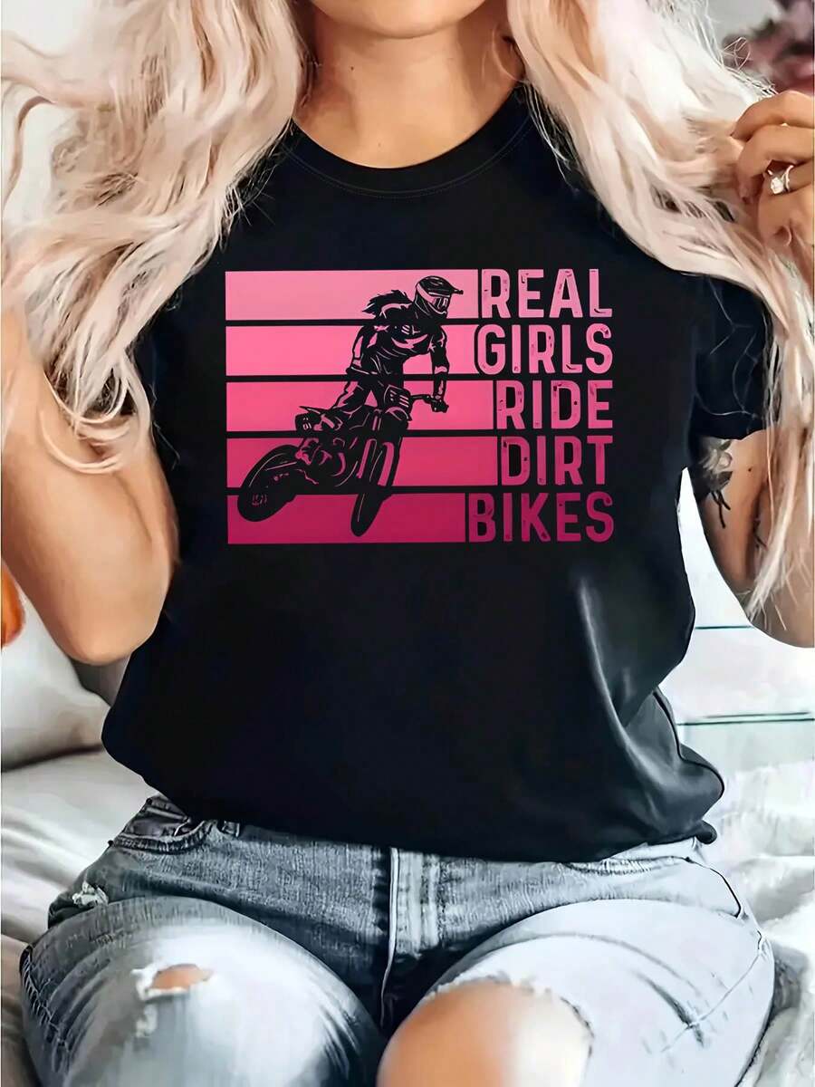 Dirt Bike Power Graphic Print T - Camiseta de primavera de las mujeres - corto de verano - tripulación de manga - cuello T casual - camiseta, ocio diario, regalo de vacaciones