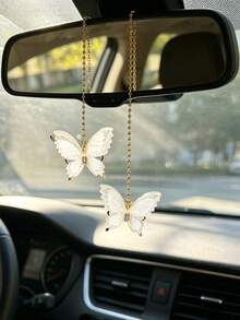 1pc Light Luxury Butterfly Car Hanging Ornament Rearview Mirror Decor Car Interior Pendant For Women - A - View 3