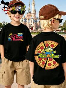 Disney Licensed Toy Story "Pizza Planet" Double-Sided Print Kids' T-Shirt, Cute Cartoon Casual Tee, Perfect For Daily Wear, School Activities, Family Outings And Theme Park Trips, Shipped From Local Warehouse - màu đen - Xem 1
