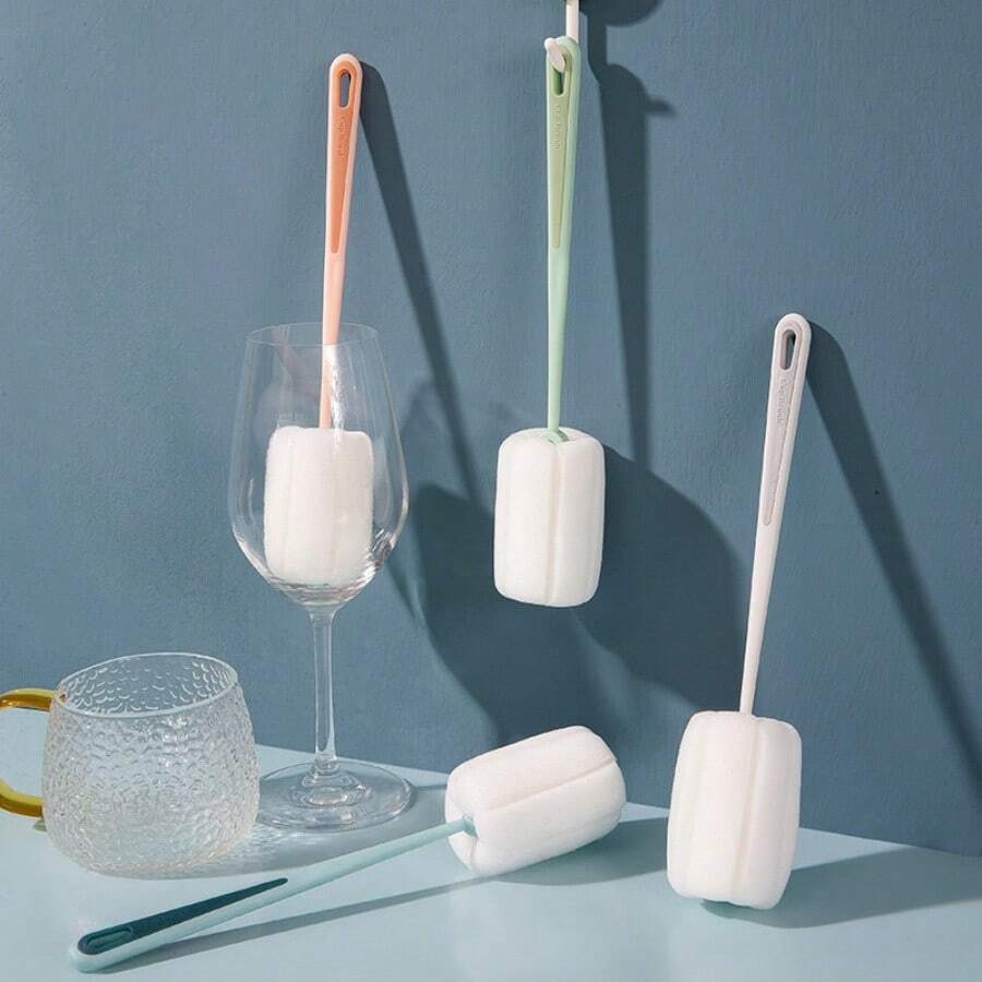 1 chiếc cọ rửa cốc bằng mút cán dài, cọ vệ sinh hai lớp đa năng, dùng để khử trùng bình nước, cốc sữa em bé trong nhà, phù hợp cho cặp đôi.