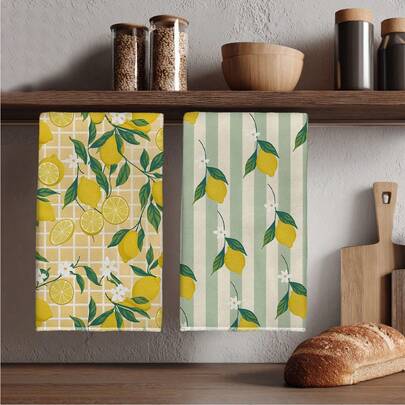 2pcs Lemon Pattern Kitchen Towels, Fresh Summer Lemon Seamless Pattern, Rectangular Super Soft Fiber Kitchen Towels, Dish Cloths, Cleaning Rags, Hand Towels, Cooking & Baking Tea Towels, Kitchen Decor, Housewarming & Birthday Gifts, Bathroom Cleaning Wipes, Decorative Towels