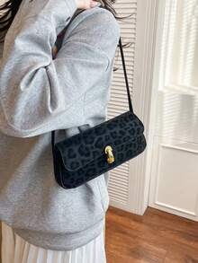 Retro Patchwork Leopard Print Elegant Underarm Shoulder Bag, Leopard Print Ladies Handbag, Leopard Print - Black - View 6