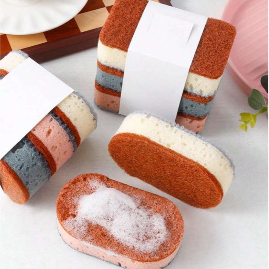 3pcs/Set Random Color Thick High Density Scouring Pads, Multi-Color Non-Stick Pan Brush, Double-Sided Kitchen Dish Washing Cloth - Multicolor - View 1