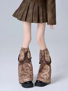 1 Pair Distressed Punk Style Leg Warmers With Metal Chain, Y2K Retro Versatile Leg Sleeves - Brown - View 4