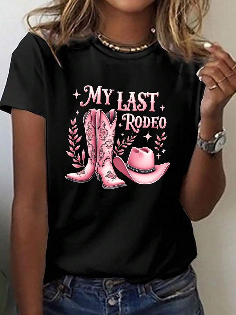 Cowboy MY LAST RODEO Imprimir camiseta, manga corta cuello de tripulación top casual para verano y primavera, ropa de mujer