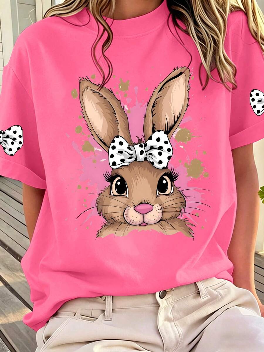 1pc Girls' Cartoon Rabbit Bow Print Round Neck Short Sleeve T-Shirt, Cute Cartoon Theme Loose Summer Style, Soft And Comfortable Top - Hot Pink - View 1