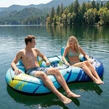 Flotador hinchable para 2 personas con bolsa térmica integrada para hielo, tumbona doble para piscina con respaldo y portavasos, plataforma de natación transpirable para piscina, lago, playa y fiestas acuáticas de verano, 2 opciones de estampado. - azul real - Ver 7