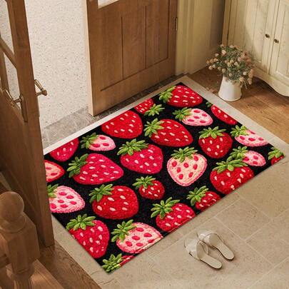 2D Strawberry Print Pattern Doormat, Soft & Durable Washable Floor Rug For Entryway, Porch, Indoor - Living Room, Bathroom, Bedroom, Game Room, Laundry Room, Dorm Decor