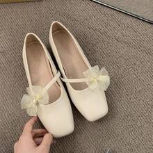 Square Toe Loafers With Bow And Lace, Low Shaft, Easy Slip-On, Medium Block Heel, Elegant Spring Shoes To Match Dresses - Off White - View 1