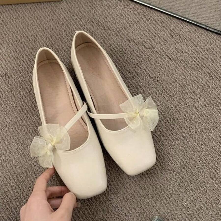 Square Toe Loafers With Bow And Lace, Low Shaft, Easy Slip-On, Medium Block Heel, Elegant Spring Shoes To Match Dresses - Off White - View 1