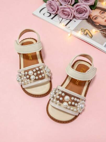 Kids Fashion Sandals, Girls Flat Sandals, Made Of Transparent PU Leather, Decorated With Elegant Pearls. Summer Princess Shoes, Perfect For Shopping, Vacation And Travelling.