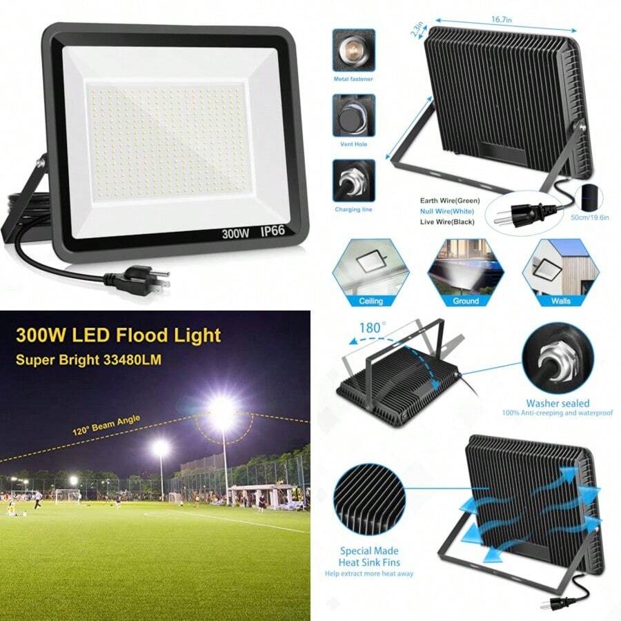 YANYCN W para Exterior Equivalente a 2000W 5000K Blanca l Día Super Brillante con Enchufe 43500LM IP66 Iluminación Comercial Impermeable para Campos Deportivos Pistas - Luz de inundacin LED de 300 W 1 paquete - Ver 1