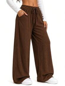 Women's Ribbed Wide-Leg Pants, High Waist, With Drawstring, Comfortable And Casual, Sizes P To G2 Plus Size - Rỉ Nâu - Xem 1