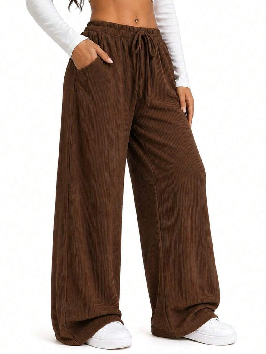 Women's Ribbed Wide-Leg Pants, High Waist, With Drawstring, Comfortable And Casual, Sizes P To G2 Plus Size - Rỉ Nâu - Xem 1
