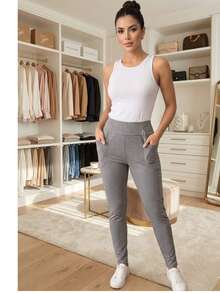 Pantalon ajustadon de De Cintura Alta con Bolsillos Laterales   Sexy    Material Compuesto    Bolsillo    Pantalon dama   Todo el año - Gris - Ver 1