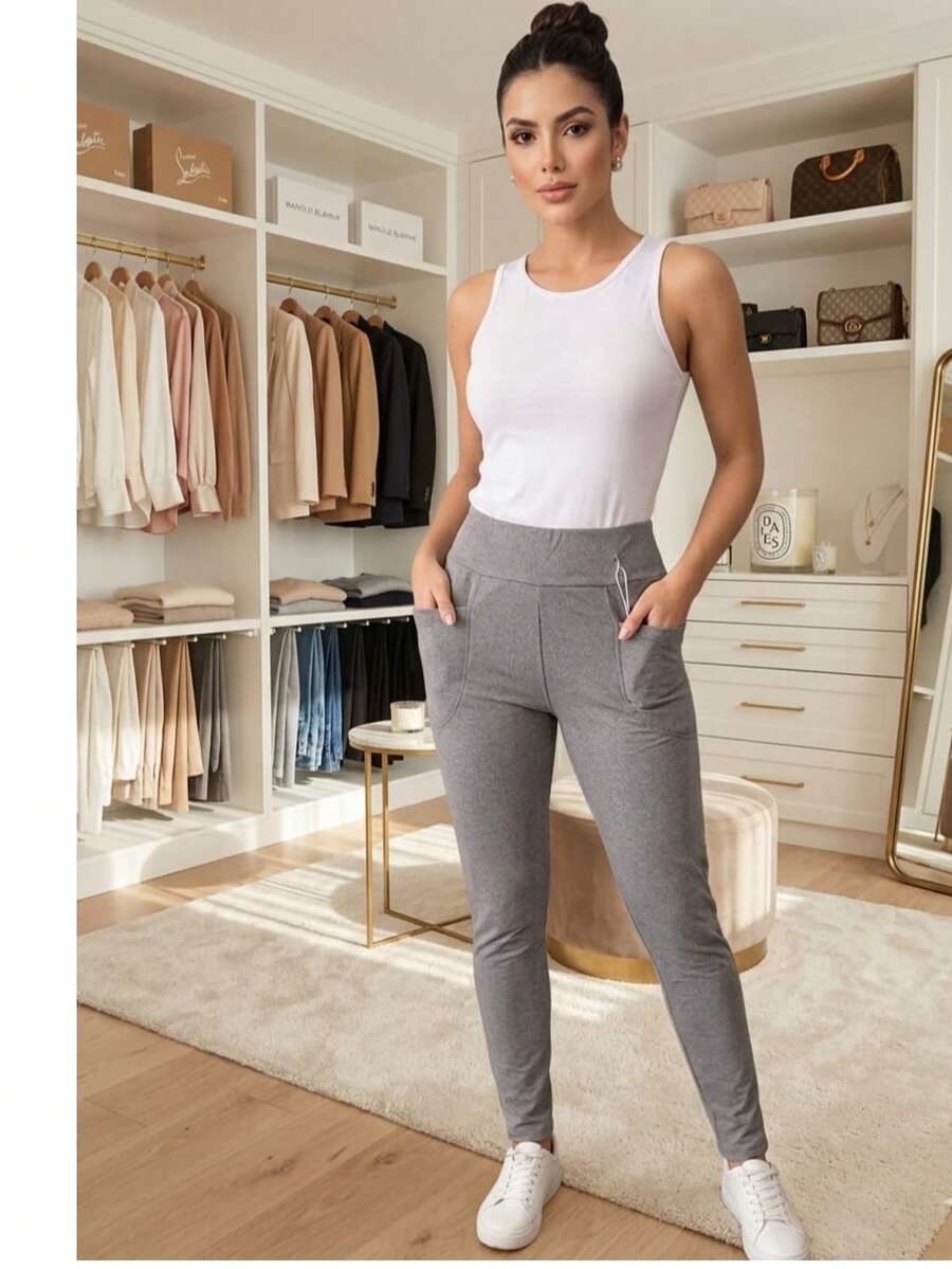 Pantalon ajustadon de De Cintura Alta con Bolsillos Laterales Sexy Material Compuesto Bolsillo Pantalon dama Todo el año - Gris - Ver 1