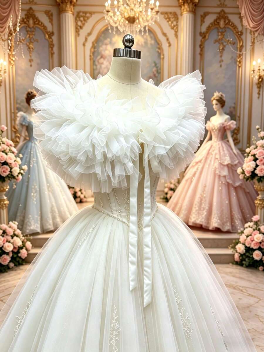 Accesorio de chal corto blanco de tulle esponjoso negro para novia y boda - Multicolor - Ver 1