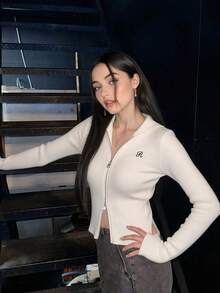 Jennie Growth 女士 Y2K 性感杏色针织连帽双面拉链修身针织上衣，长袖刺绣，适合春夏度假、日常穿着、早午餐、旅行。 - 杏色 - 查看 7