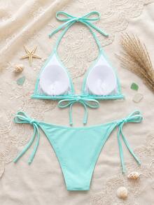Women's Solid Color Halter Bikini Set With Triangle Cups Vacation Beach - Baby Blue - View 8
