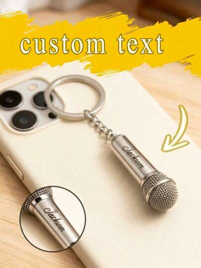 Chaveiro de microfone de metal personalizado - 6,2 cm (2,44 polegadas) de altura, 1,8 cm (0,71 polegadas) de largura, design realista de microfone, banhado a ouro/prata, gravação personalizável. Ideal como um acessório estiloso para bolsas, chaveiros ou mochilas, perfeito para presentes de aniversário, Natal ou formatura.