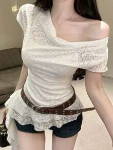 French Minimalist Loose Lace Draped Neck Short Sleeve Asymmetrical T-Shirt Top, Summer White - White - View 4