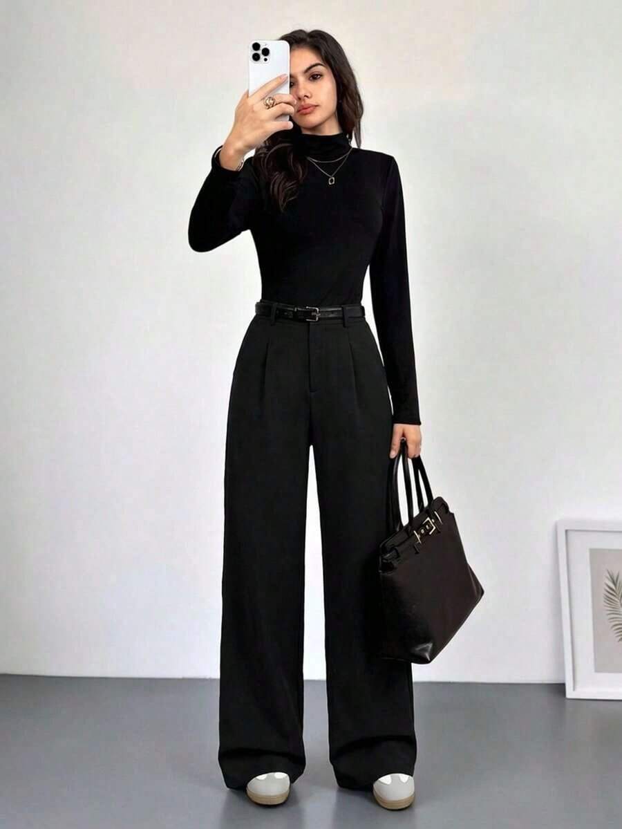 Pantalones plegados elegantes con bolsillos para mujeres maestras, pantalones de otoño/invierno de cintura alta, pantalones de pierna ancha, pantalones sueltos, pantalones holgados, pantalones de negocios profesionales para mujeres, pantalones - Negro - Ver 1