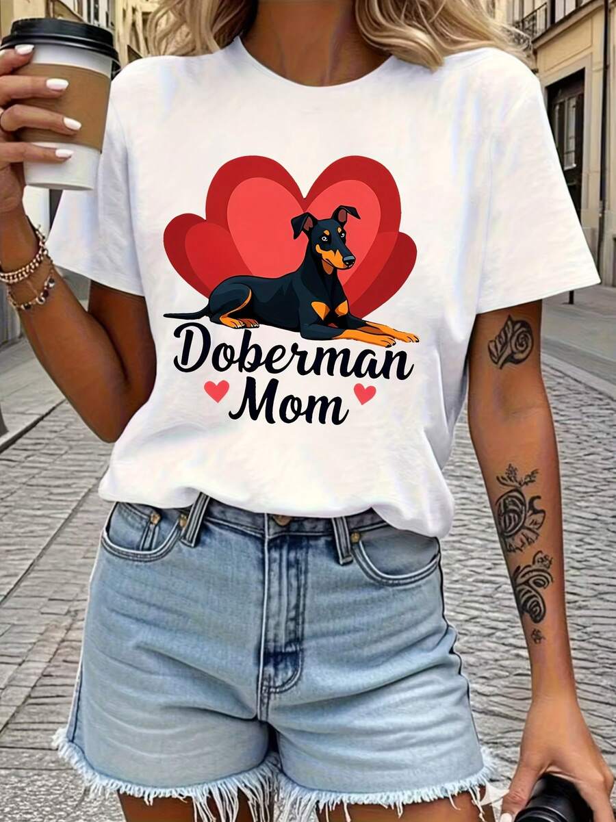 Loving Women's Short Sleeve T-Shirt - Featuring An Adorable Doberman Print Design That Transports You To A Warm And Loving Pet World. Easy To Pair With Any Outfit, Suitable For Various Occasions. Made From Soft And Breathable Fabric. Ideal Year-Round. - 白色 - 查看 1