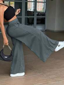 Pantalones anchos y sueltos de unicolor y casual para mujer, elegantes y minimalistas para la primavera - Gris hierro - Ver 6