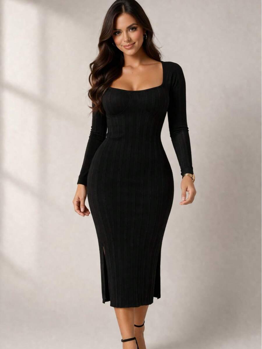 Midi Dress With Half Cup In Ribbed Prime Fabric | Fitted Design With Support, Elegant And Versatile For Day To Night - Negro - Ver 1