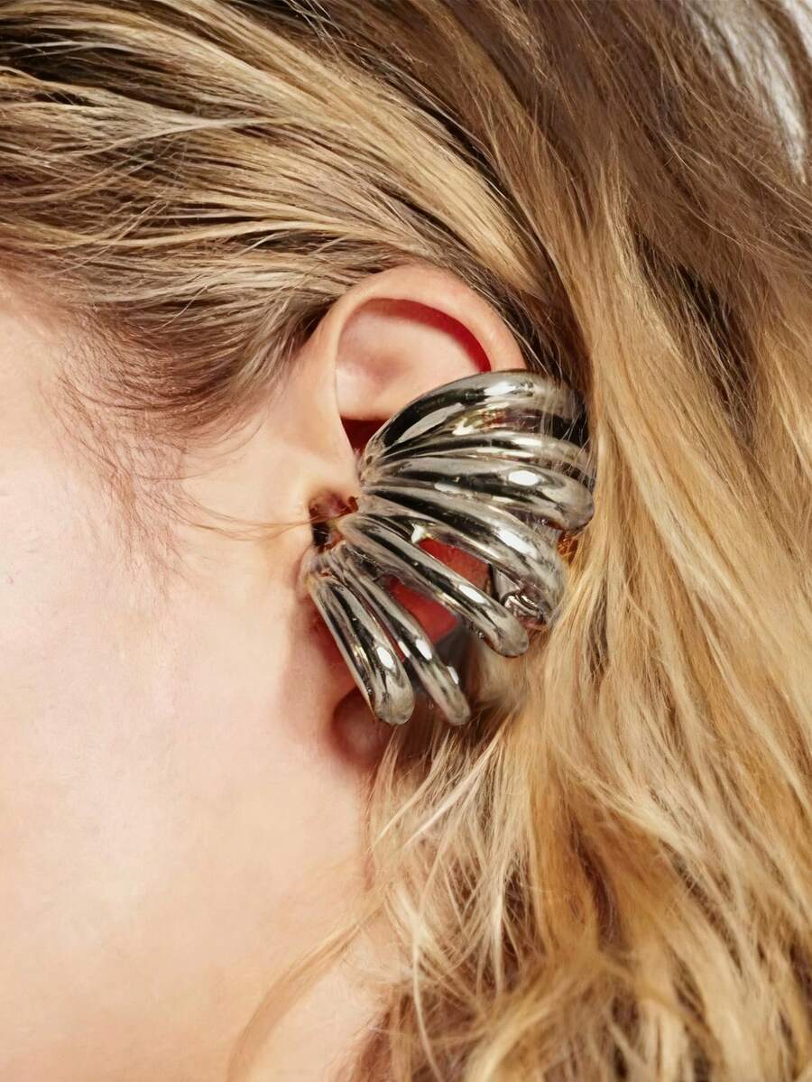Khuyên tai kim loại sọc bất đối xứng ZAA Vintage dành cho nữ, phụ kiện dự tiệc 2025, được cá nhân hóa theo sở thích. - Bạc - Xem 1