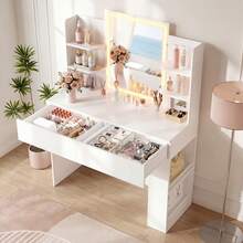 Vanity Desk With Mirror And LED Lights, Makeup Vanity Table With 3 Lighting Color, Adjustable Brightness, Vanity Table With 2 Drawers, Side Storage, For Bedroom - White - View 2
