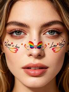 4片装LGBTQ+骄傲月眼贴，活力彩虹心形“爱就是爱”临时纹身贴纸，自粘免胶防水闪亮酷儿爱心美学面部饰品，适合女性女孩参加骄傲游行、节日音乐会、派对、LGBTQ+活动、DIY化妆配件 - 彩色 - 查看 4