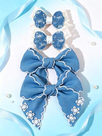 4pcs Blue Jeans Flower Bow Hair Clips, Lace Mother's Day Hair Bows, Elegant Ribbon Wedding Hairpin, Sweet Hair Accessories For Girls Summer Beach Vacation Teacher Gift Daily