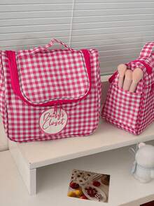 Bolsa de cosméticos grande de capacidad con bordado a cuadros rosas y blancos, organizador de artículos de tocador para viajes - Multicolor - Ver 3