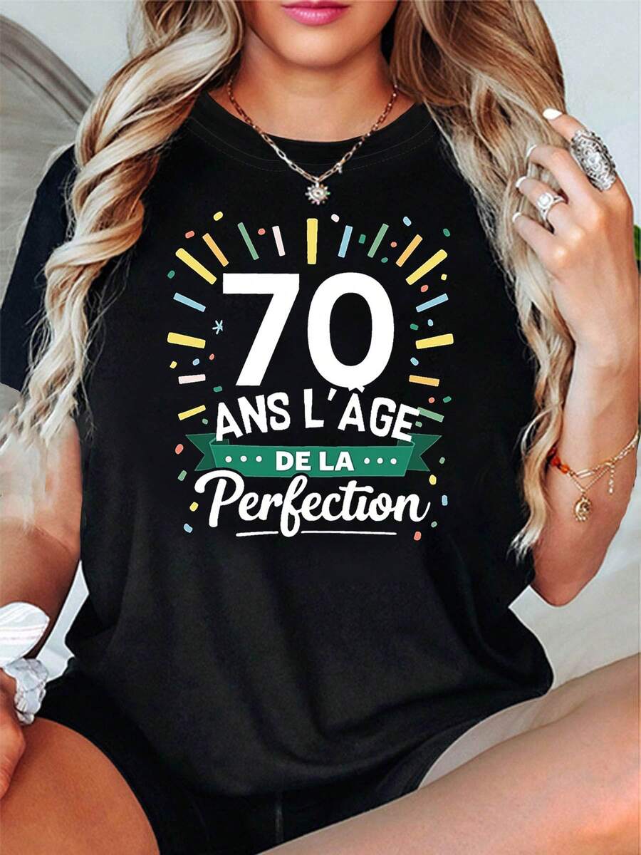French '70 AÑOS LA EDAD DE LA PERFECCIÓN' 70 años de edad perfecta colorido rayas impreso mujer camiseta para fiestas de cumpleaños y reuniones familiares, festiva camiseta de manga corta con un ambiente festivo