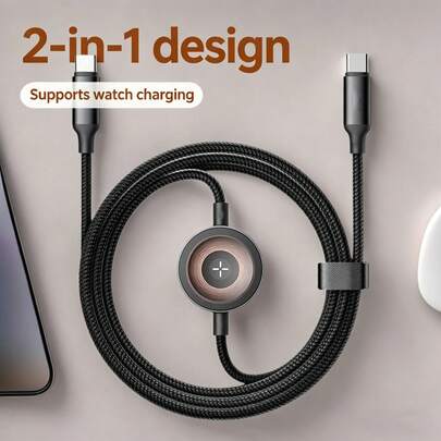 二合一磁吸充电线，USB-C 转 USB-C，支持智能手机快速充电和智能手表磁吸充电，兼容 、Android 和 Series。