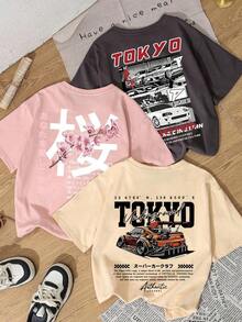 Set de 3 camisetas de manga corta con cuello redondo, de estilo casual y divertido con estampados de carreras de coches y flores de sakura japonesas, tops versátiles y de moda para mujer - Albaricoque, rosa y gris oscuro - Ver 10