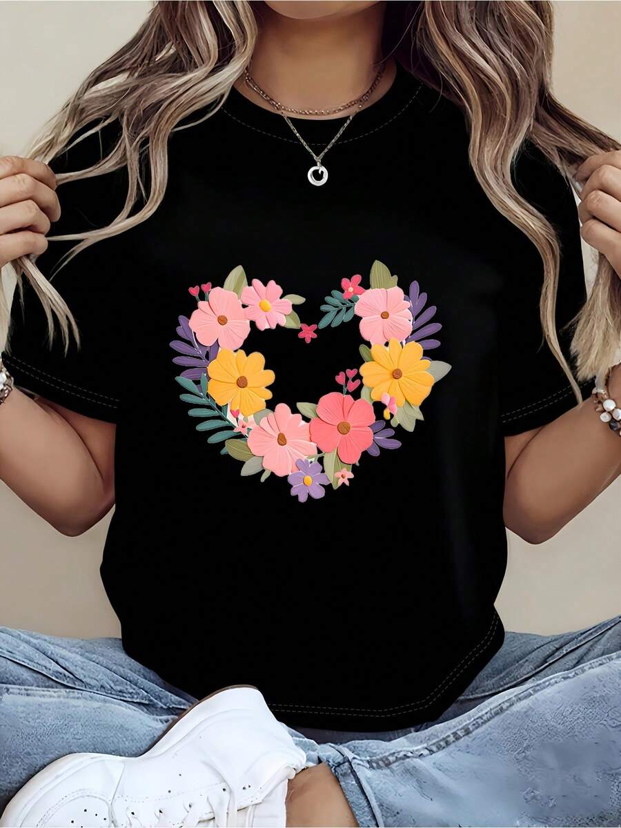 Men's & Women's Soft Crew Neck T-Shirts With Heart-Shaped Floral Wreath Print - Pink/Yellow/Purple Casual Blouse Suitable For Mother's Day Gifts, Machine Washable Comfortable Casual Attire For Local Delivery Available - 黑色 - 查看 1