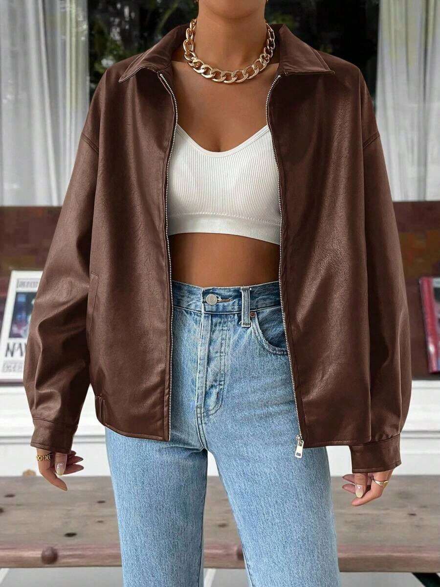 Short PU Leather Jacket With Zip Closure And Dropped Shoulders For Autumn/Winter - Brown - View 1