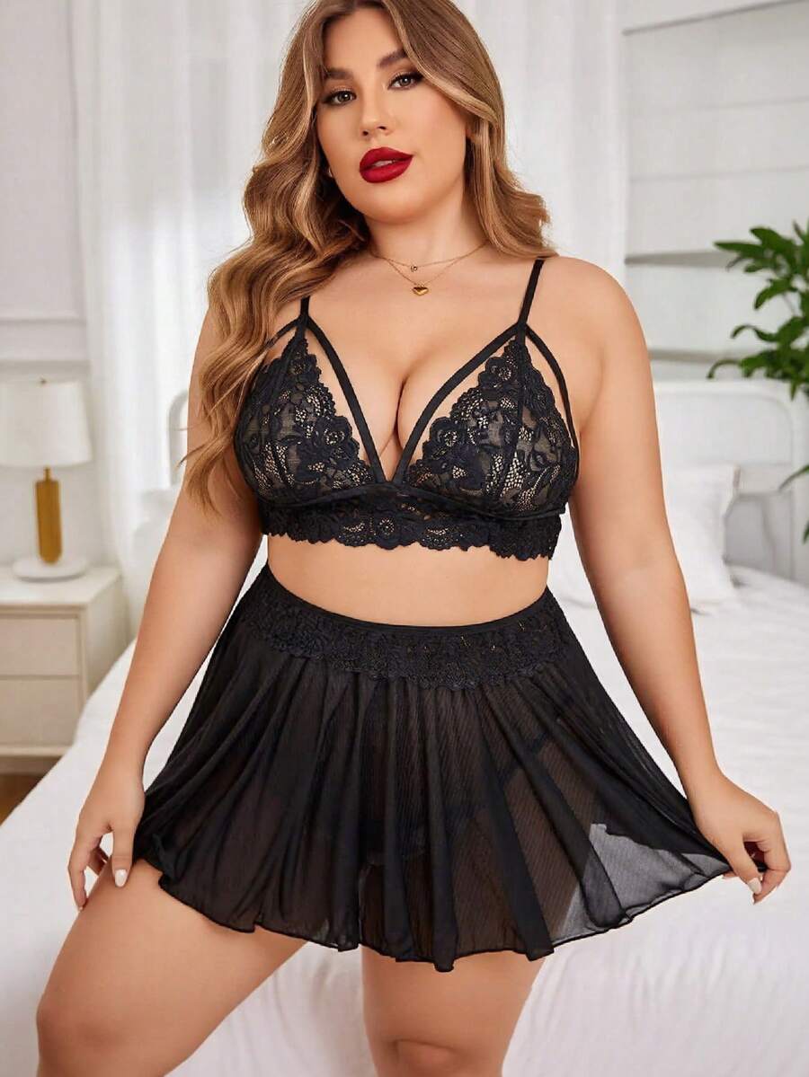 Conjunto de lencería sexy de 3 piezas para mujer de talla grande, incluye camiseta, sujetador y bragas - Negro - Ver 1
