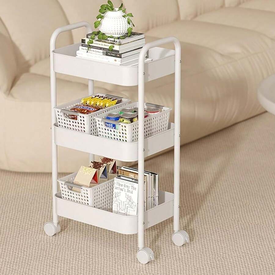 3-Tier Metal Rolling Cart With Wheels Pink Student Dormitory Snack Study Tool Storage Cart With Handle And Lockable Universal Wheel Dormitory Must Have Artifact Kitchen Office Organizer Racks - 白色 - 查看 1