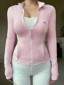 Chaqueta ajustada de punto para mujer, color morado sólido, manga larga, cuello alto y cierre de cremallera frontal, estilo deportivo casual y favorecedor, ideal para primavera y otoño, actividades al aire libre, gimnasio, yoga, uso diario y combinaciones con leggings y pantalones deportivos - Rosa 4 - Ver 5