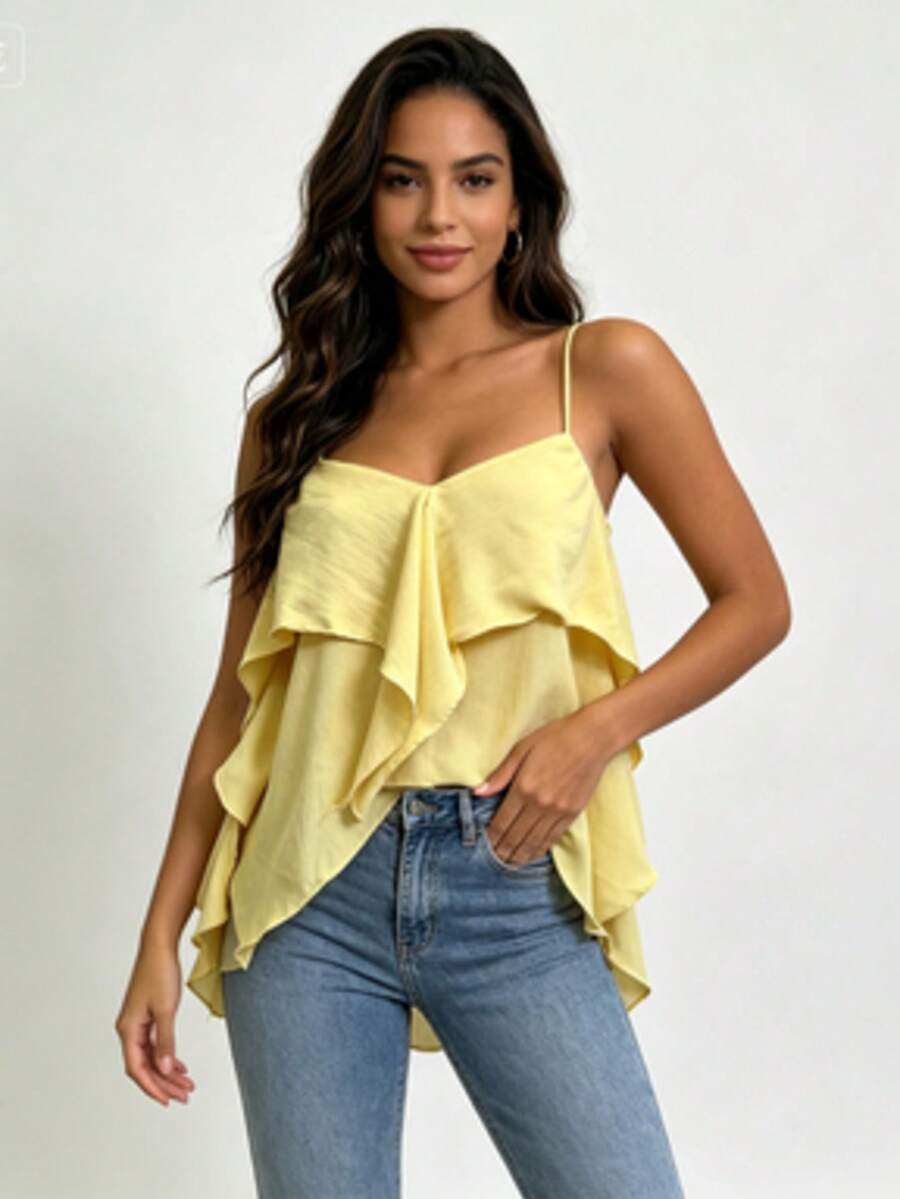Thin Strappy Top With Pleats And Irregular Hem - Yellow - View 1