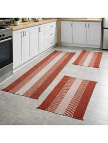 Kitchen Mat And Runner Set With 3 Pieces, Various Colors, Plain And Striped - Terracotta - View 1