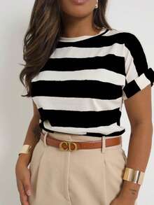 Short-Sleeved Striped Blouse With Round Neck -  For Women. - 黑色的 - 查看 2