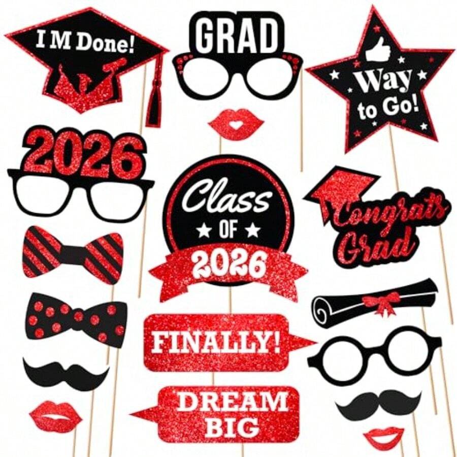 Graduation Photo Booth Props 2026 - Pack Of 21 Red And Black Graduation ...