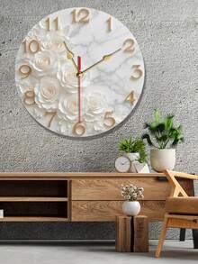 Art Floral Wall Clock With White Rose And Marble Texture - Silent Non-Ticking Battery Operated Acrylic Round Wall Clock For Living Room Bedroom Office Decor - Gold Hands, Marble Texture, AA Batteries Not Included, Wall Decor, Elegant Clock - Multicolor - View 1