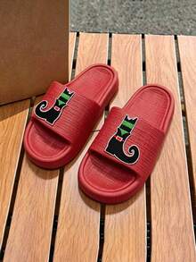 Unisex Cute Black Cat Embroidery Slippers, EVA Shower Shoes, Lightweight & Comfortable All-Season For Home Beach Pool, Cat Lover Gifts - Red - View 7